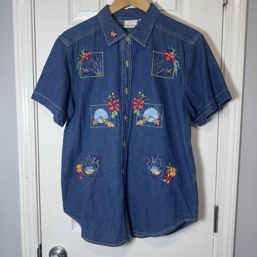 Vintage Bobbie Brooks Denim Shirt Womens Medium M Blue Floral Fish Seashells